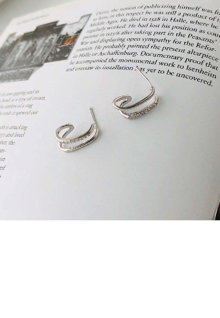 925 Sterling Silver Simple Temperament Line Double Layer C Geometric Stud Earrings with Cubic Zirconia - Luxurious Look