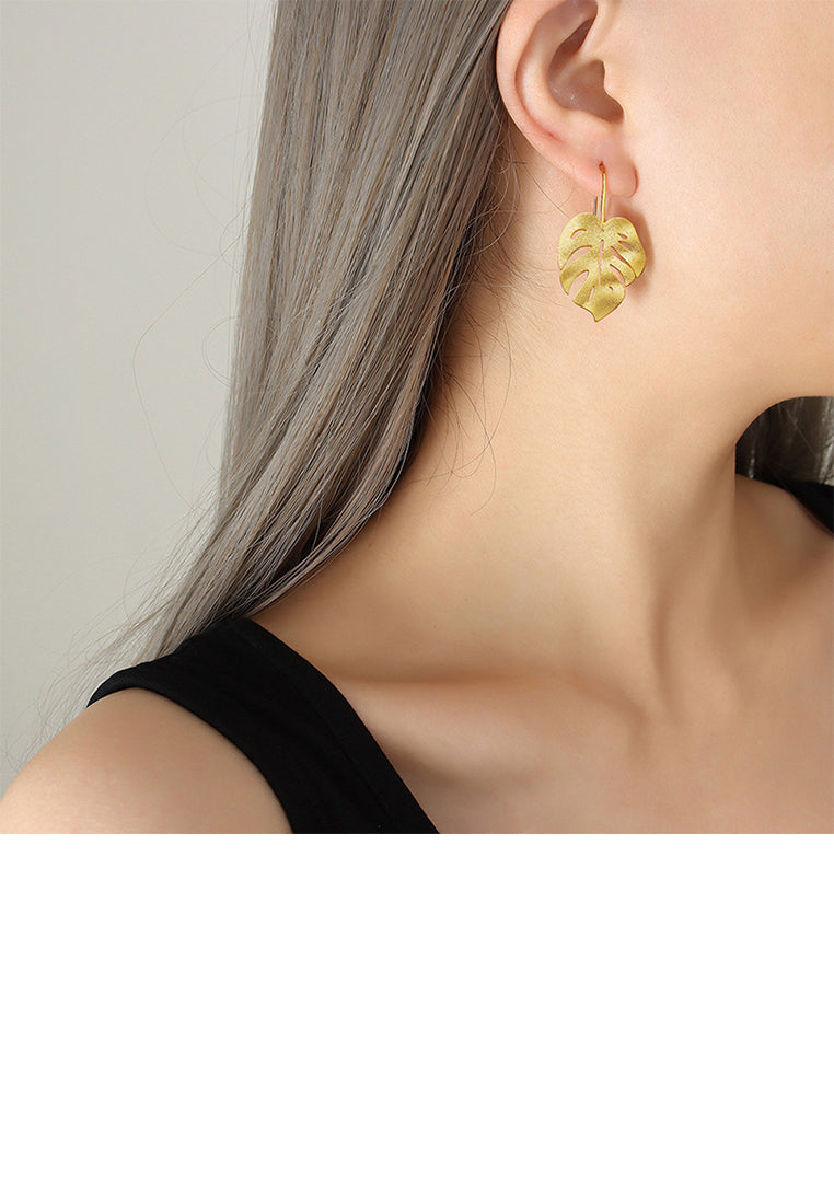 Fashion Simple Plated Gold Frosted Leaf Earrings