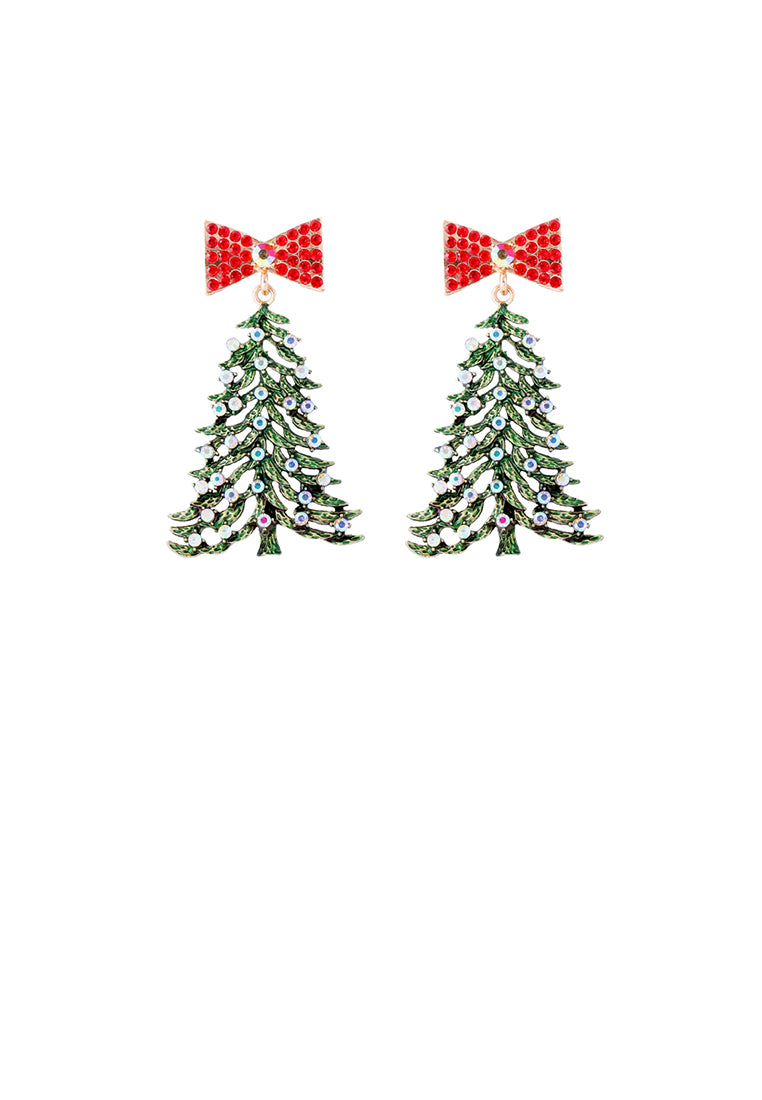 Simple Cute Green Christmas Tree Ribbon Stud Earrings with Cubic Zirconia - Luxurious Look