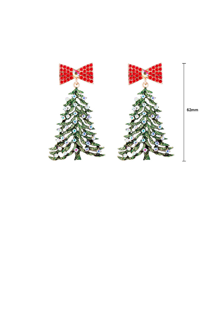 Simple Cute Green Christmas Tree Ribbon Stud Earrings with Cubic Zirconia - Luxurious Look