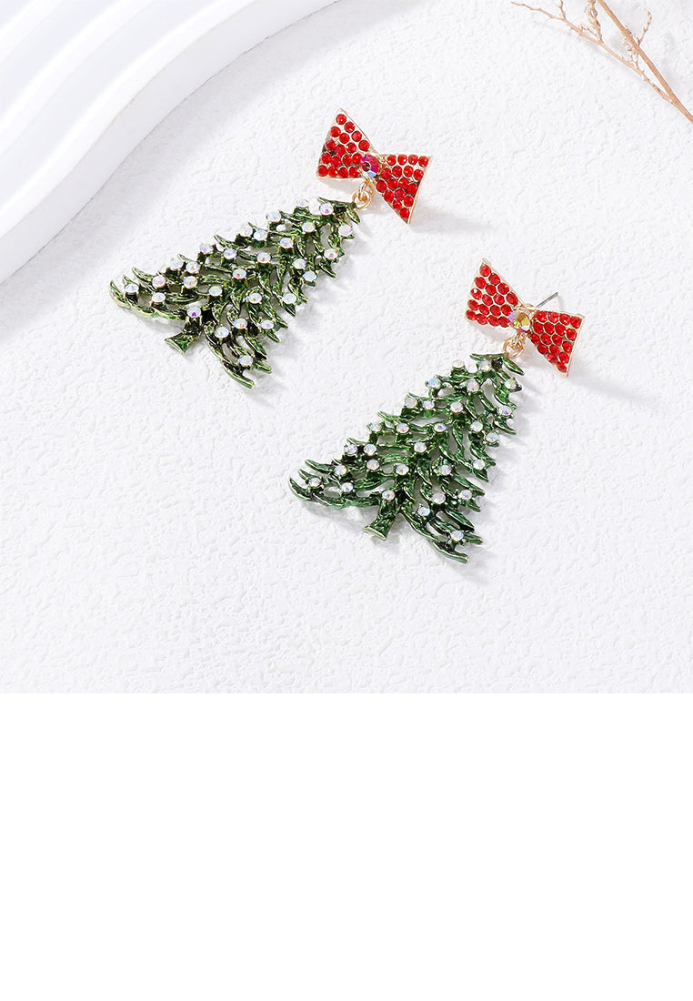 Simple Cute Green Christmas Tree Ribbon Stud Earrings with Cubic Zirconia - Luxurious Look