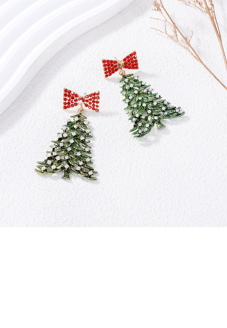 Simple Cute Green Christmas Tree Ribbon Stud Earrings with Cubic Zirconia - Luxurious Look