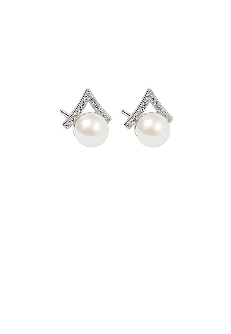 925 Sterling Silver Simple Temperament Triangle White Freshwater Pearl Stud Earrings with Cubic Zirconia - Luxurious Look