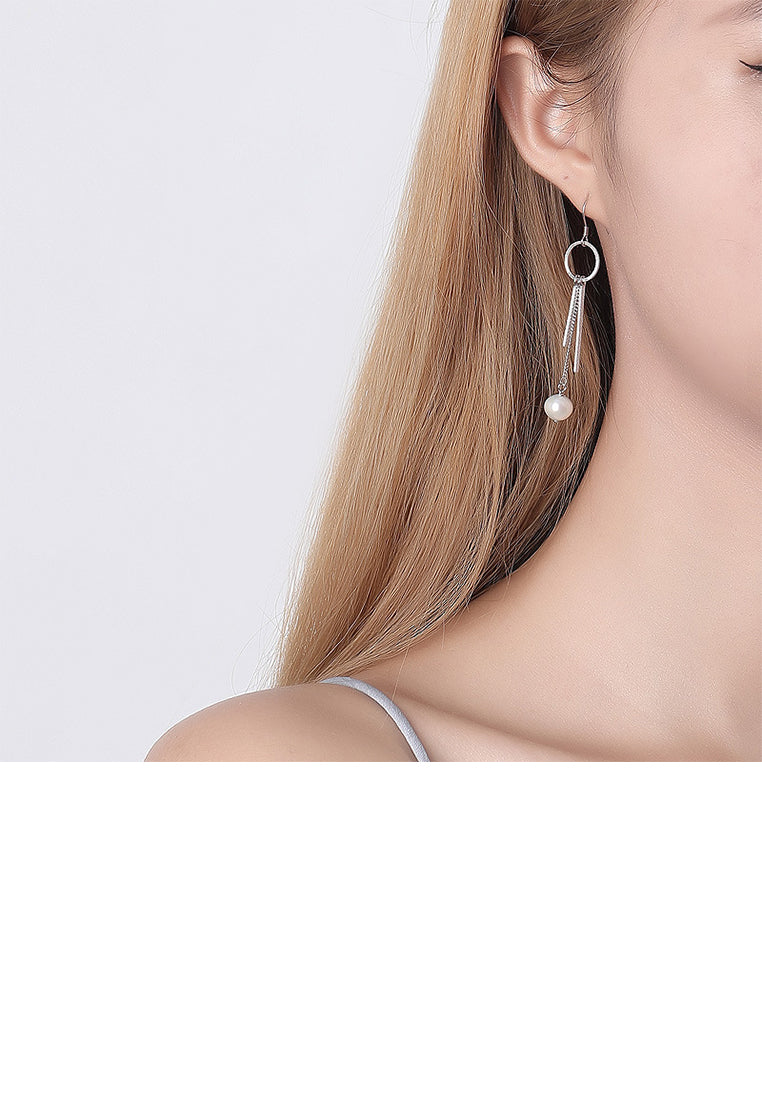925 Sterling Silver Fashion Simple Freshwater Pearl Geometric Tassel Earrings - Luxurious Look