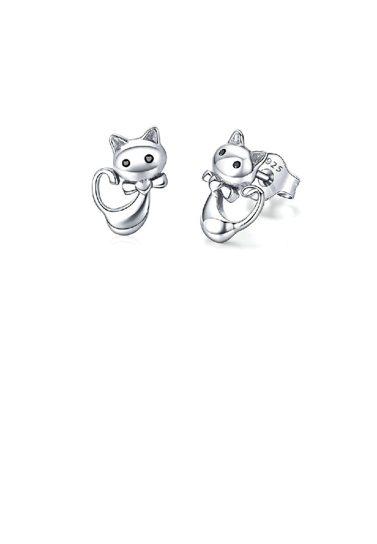 925 Sterling Silver Cute Sweet Cat Stud Earrings with Cubic Zirconia - Luxurious Look