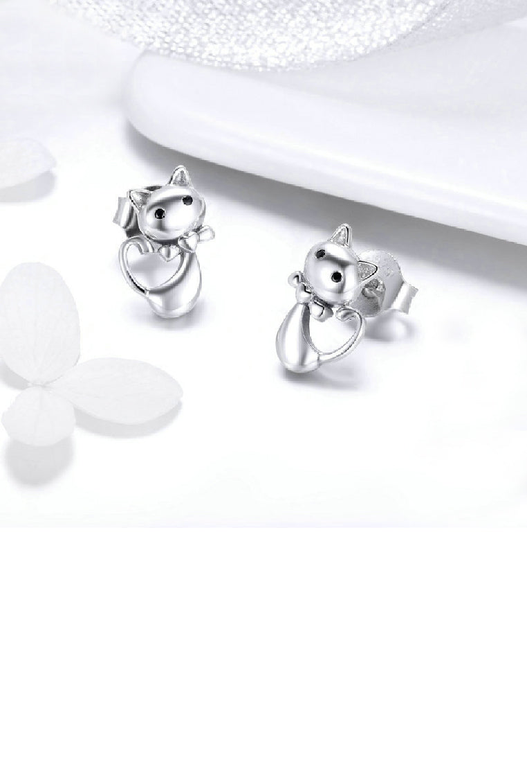 925 Sterling Silver Cute Sweet Cat Stud Earrings with Cubic Zirconia - Luxurious Look
