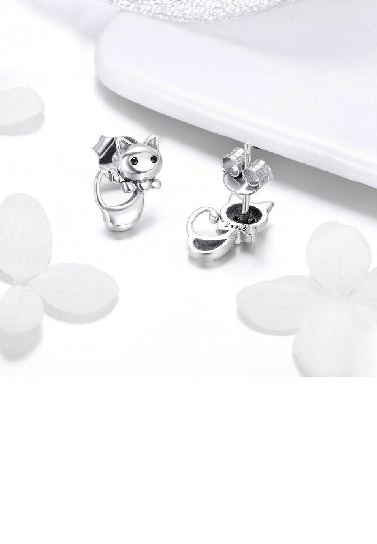 925 Sterling Silver Cute Sweet Cat Stud Earrings with Cubic Zirconia - Luxurious Look