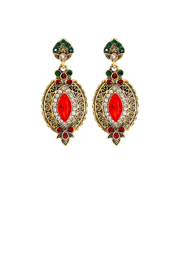 Fashion Vintage Plated Gold Pattern Water Drop-shaped Geometric Earrings with Red Cubic Zirconia - Luxurious Look - Vibrant Color