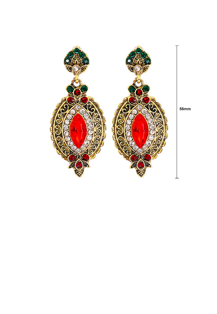 Fashion Vintage Plated Gold Pattern Water Drop-shaped Geometric Earrings with Red Cubic Zirconia - Luxurious Look - Vibrant Color