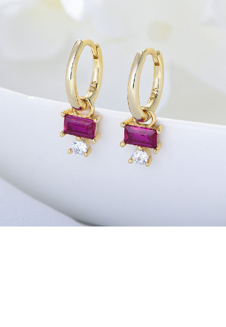 925 Sterling Silver Plated Gold Fashion Simple Geometric Square Earrings with Purple Cubic Zirconia - Luxurious Look