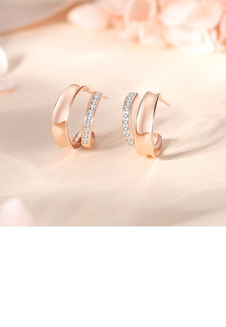 925 Sterling Silver Plated Rose Gold Simple Personality Irregular C-shaped Geometric Stud Earrings with Cubic Zirconia - Luxurious Look