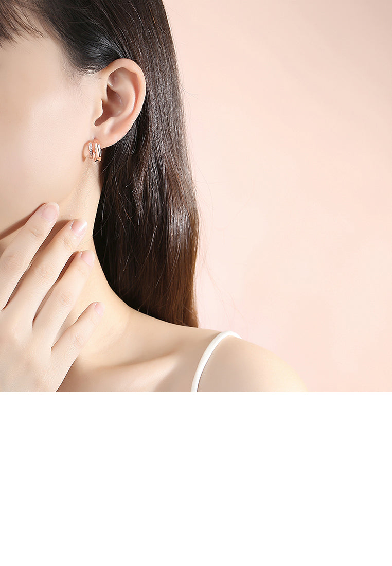 925 Sterling Silver Plated Rose Gold Simple Personality Irregular C-shaped Geometric Stud Earrings with Cubic Zirconia - Luxurious Look