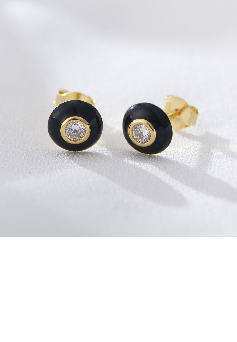 925 Sterling Silver Plated Gold Simple Fashion Enamel Black Geometric Round Stud Earrings with Cubic Zirconia - Luxurious Look