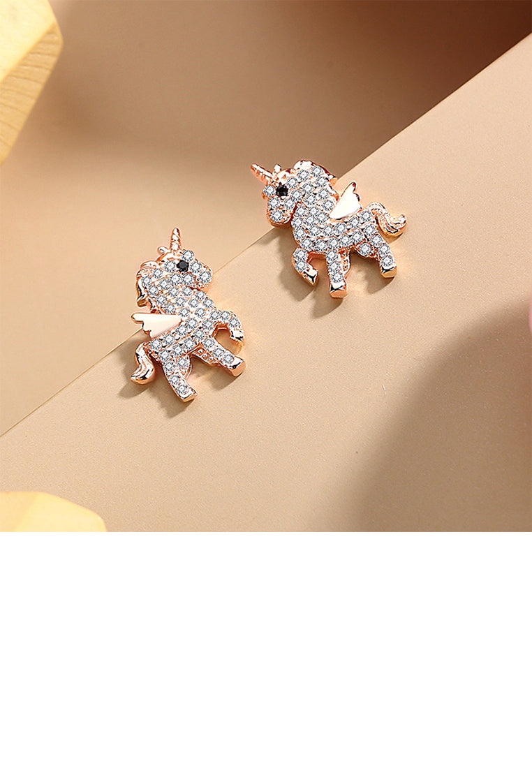 925 Sterling Silver Plated Rose Gold Lovely Brilliant Unicorn Stud Earrings with Cubic Zirconia - Luxurious Look
