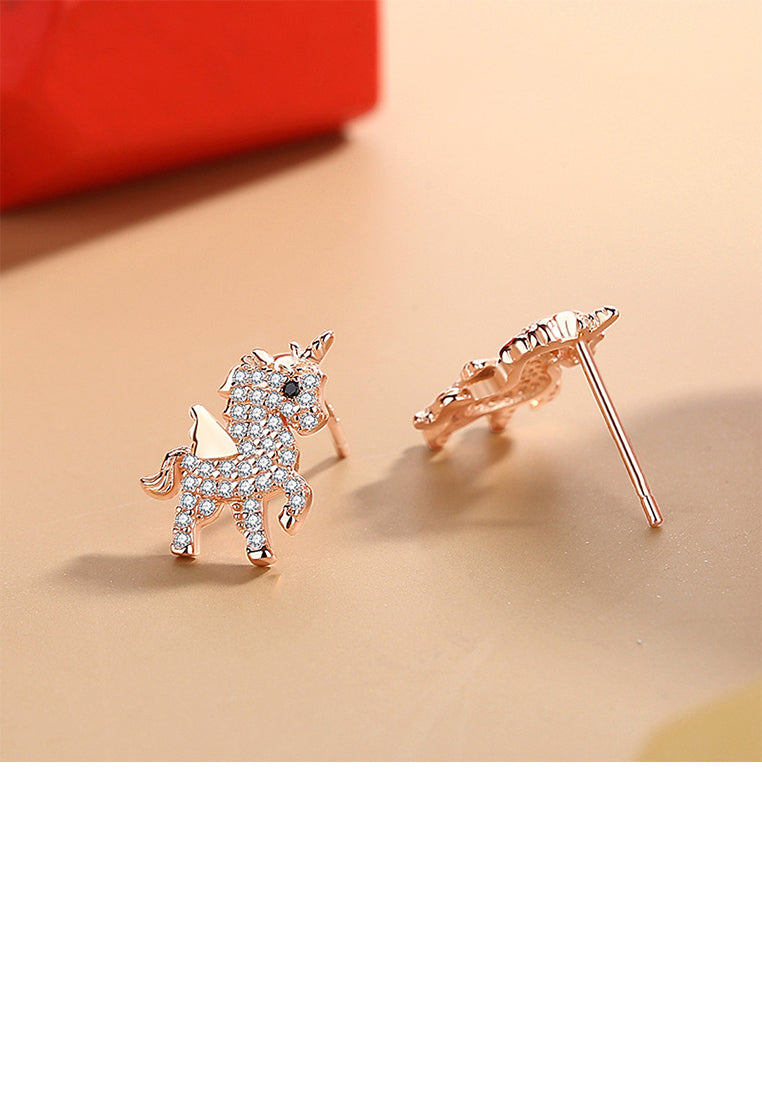 925 Sterling Silver Plated Rose Gold Lovely Brilliant Unicorn Stud Earrings with Cubic Zirconia - Luxurious Look
