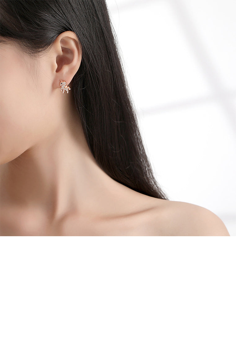 925 Sterling Silver Plated Rose Gold Lovely Brilliant Unicorn Stud Earrings with Cubic Zirconia - Luxurious Look