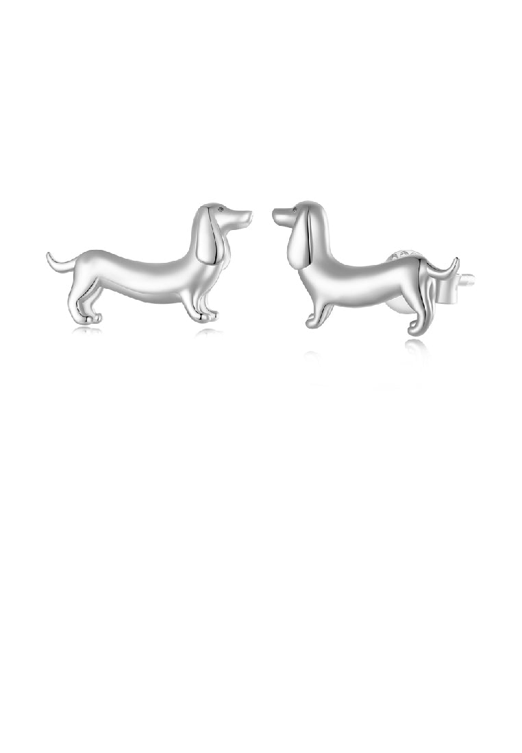 925 Sterling Silver Simple and Cute Dachshund Stud Earrings with Cubic Zirconia - Luxurious Look