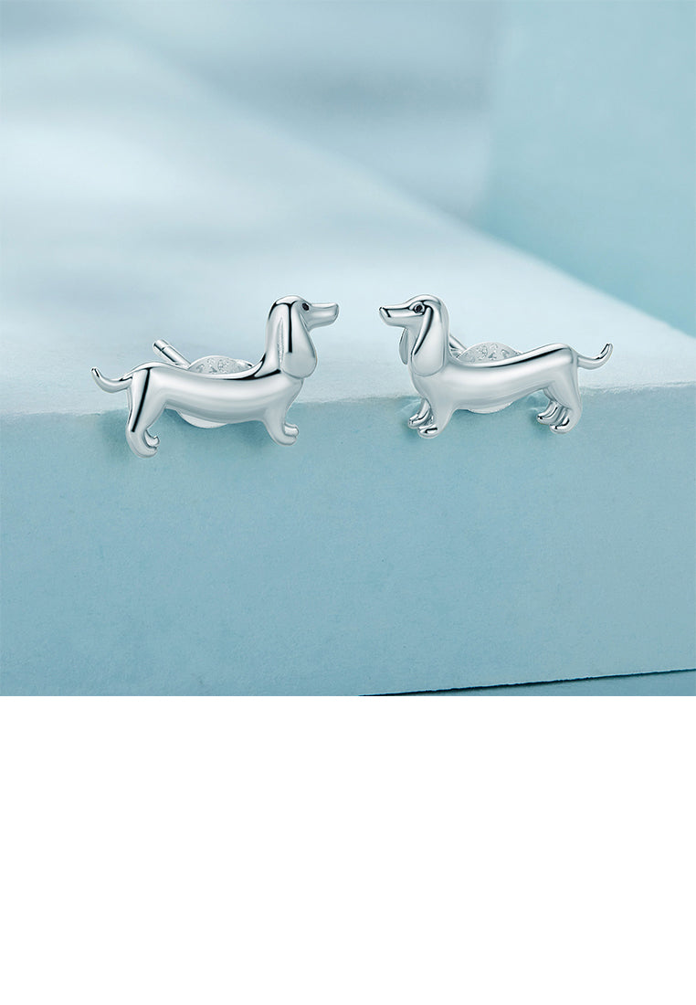925 Sterling Silver Simple and Cute Dachshund Stud Earrings with Cubic Zirconia - Luxurious Look