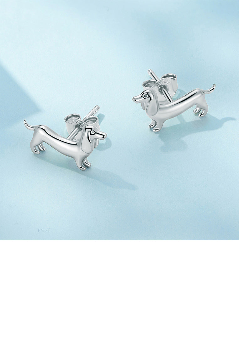 925 Sterling Silver Simple and Cute Dachshund Stud Earrings with Cubic Zirconia - Luxurious Look