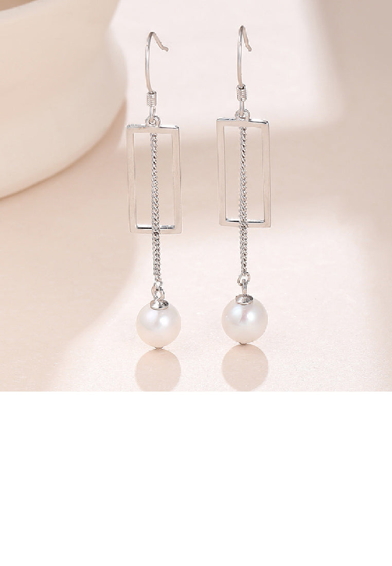 925 Sterling Silver Fashion Temperament Hollow Geometric Rectangle Tassel Freshwater Pearl Earrings - Luxurious Look