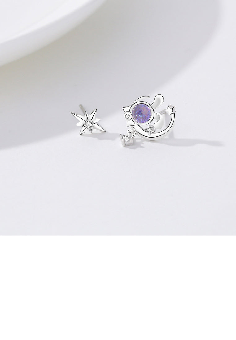 925 Sterling Silver Simple Cute Rabbit Moon Star Asymmetric Stud Earrings with Cubic Zirconia - Luxurious Look