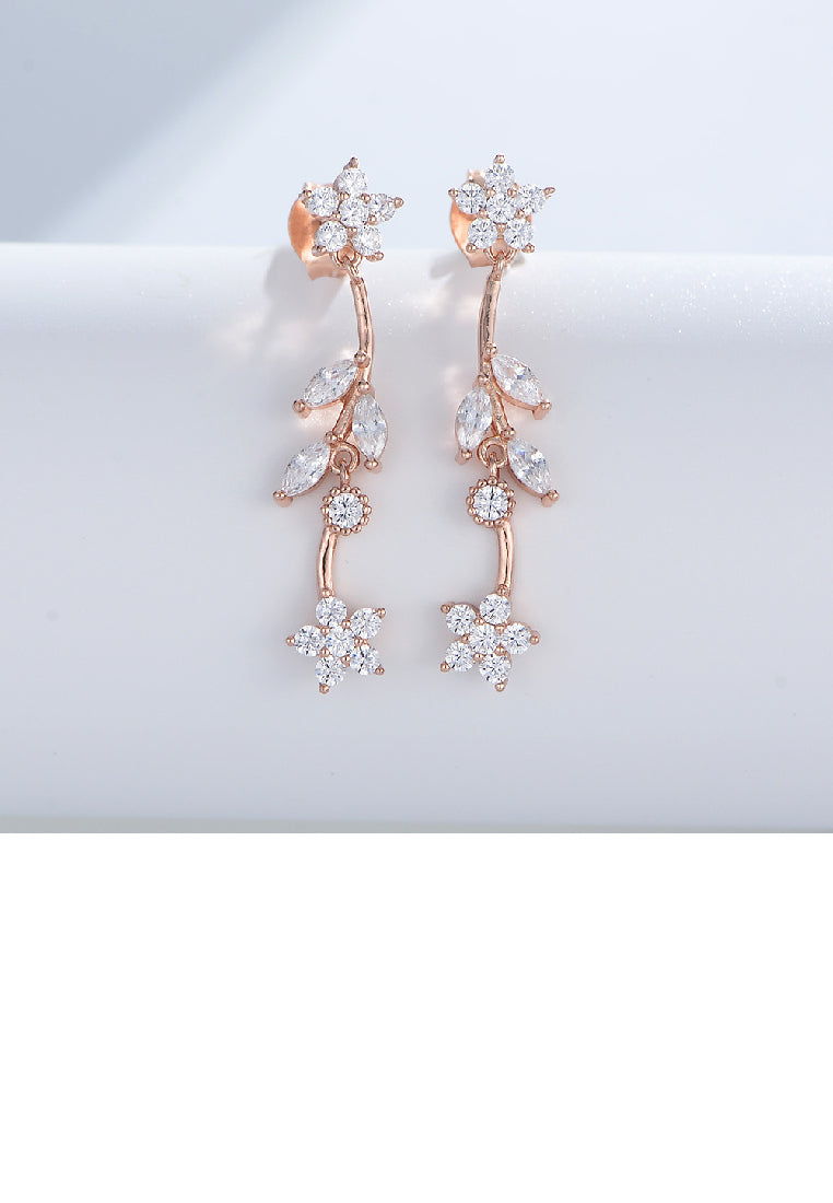 925 Sterling Silver Plated Rose Gold Fashion Temperament Flower Long Earrings with Cubic Zirconia - Luxurious Look