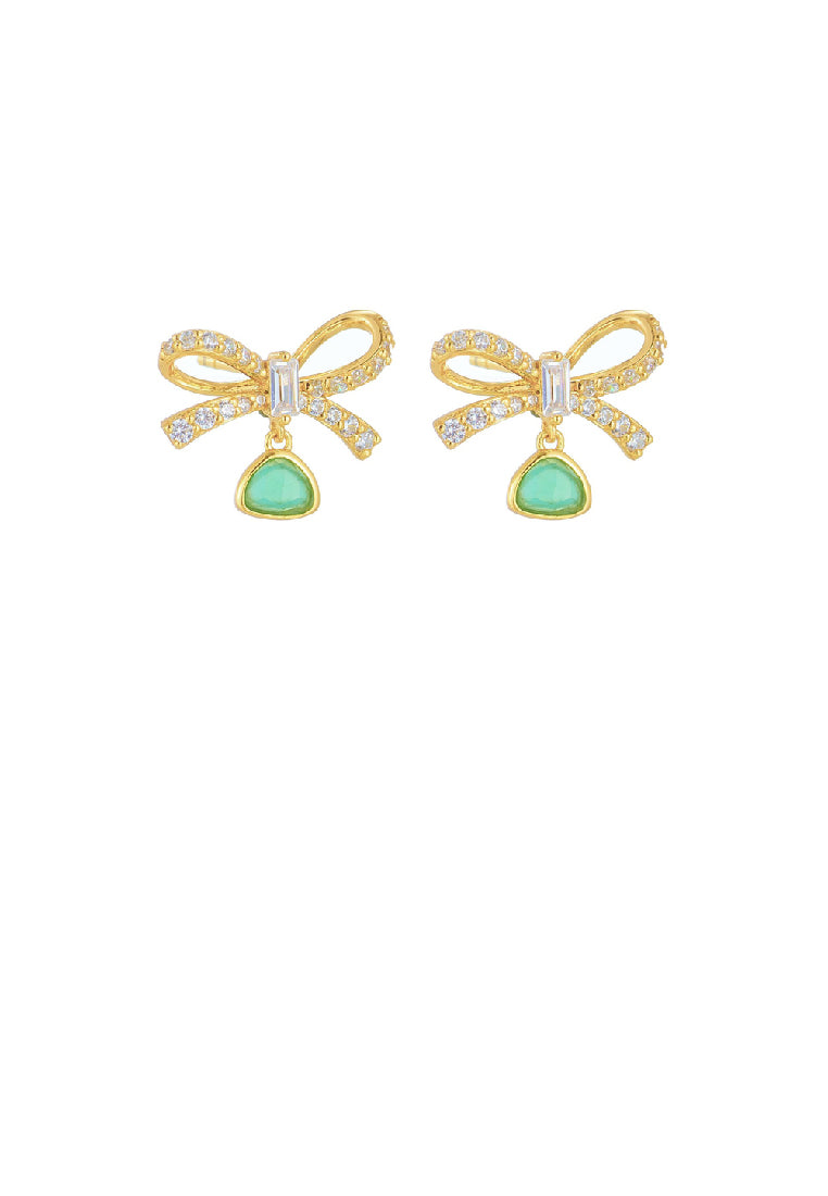 925 Sterling Silver Plated Gold Fashion Elegant Ribbon Chrysoprase Stud Earrings with Cubic Zirconia - Luxurious Look