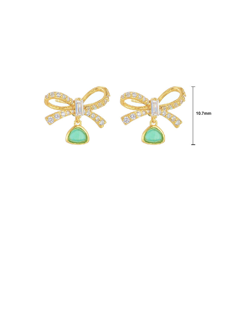 925 Sterling Silver Plated Gold Fashion Elegant Ribbon Chrysoprase Stud Earrings with Cubic Zirconia - Luxurious Look