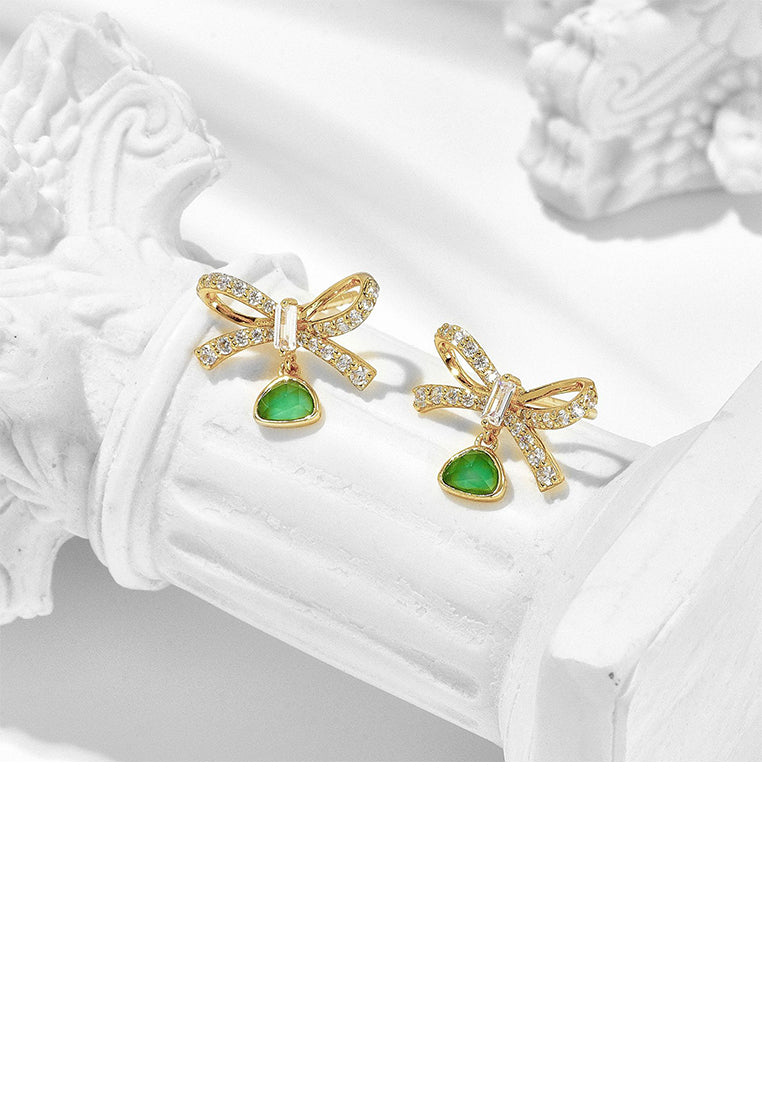 925 Sterling Silver Plated Gold Fashion Elegant Ribbon Chrysoprase Stud Earrings with Cubic Zirconia - Luxurious Look