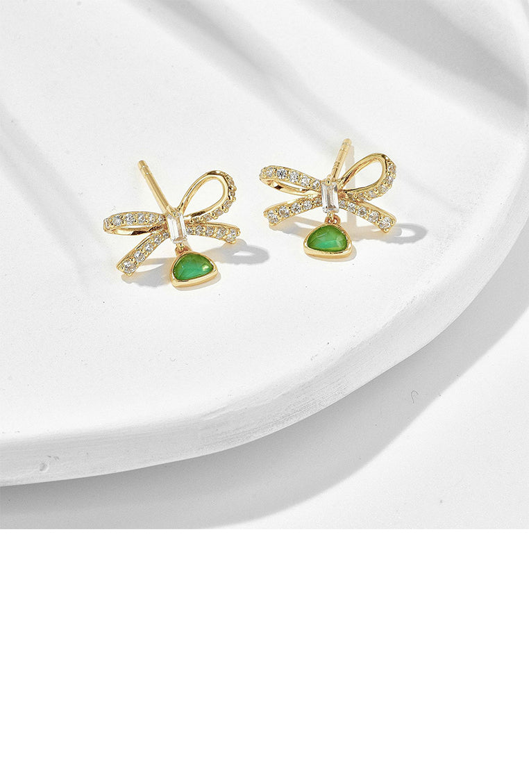 925 Sterling Silver Plated Gold Fashion Elegant Ribbon Chrysoprase Stud Earrings with Cubic Zirconia - Luxurious Look