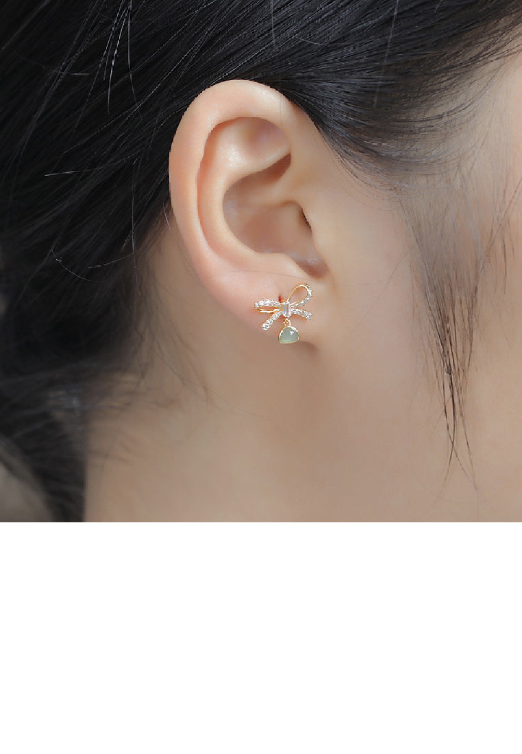 925 Sterling Silver Plated Gold Fashion Elegant Ribbon Chrysoprase Stud Earrings with Cubic Zirconia - Luxurious Look