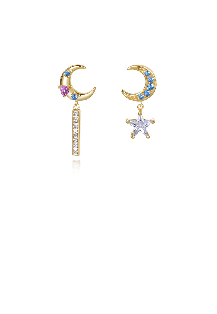 925 Sterling Silver Plated Gold Fashion Simple Moon Star Asymmetric Earrings with Cubic Zirconia - Luxurious Look