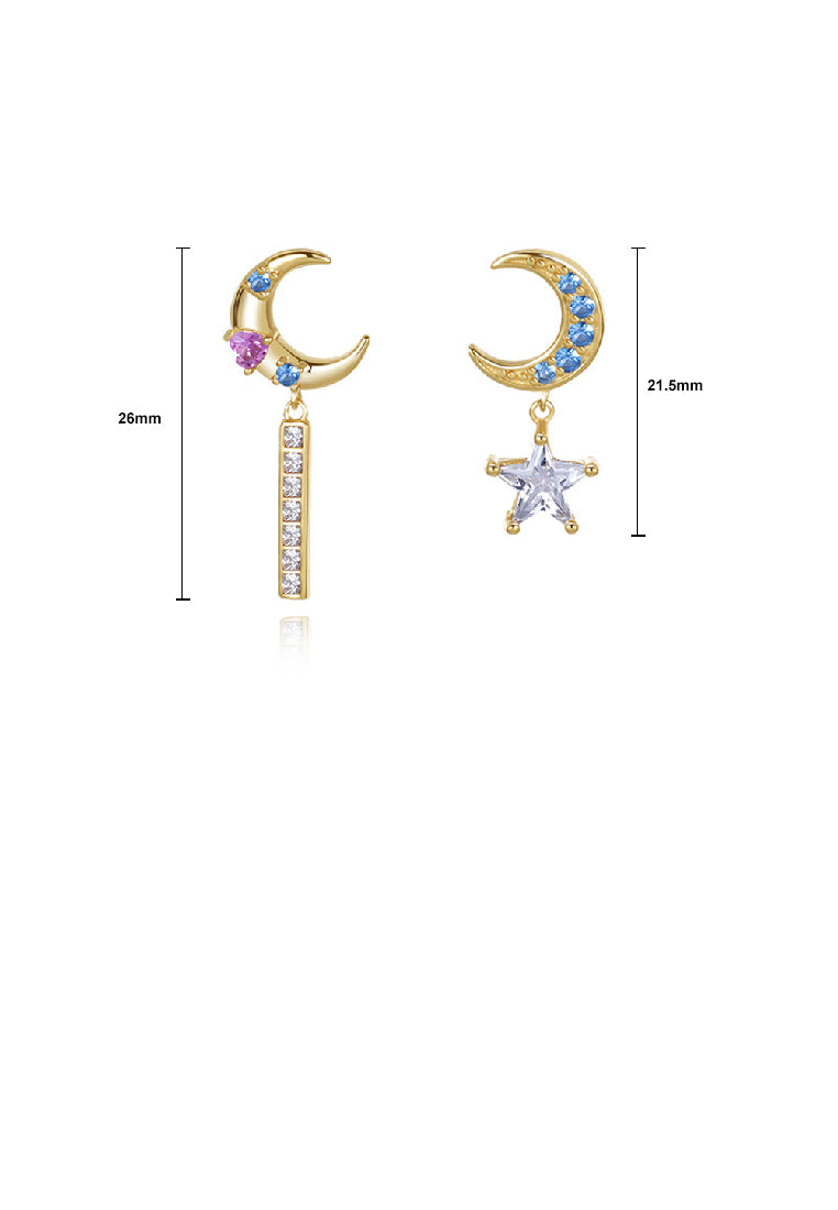 925 Sterling Silver Plated Gold Fashion Simple Moon Star Asymmetric Earrings with Cubic Zirconia - Luxurious Look