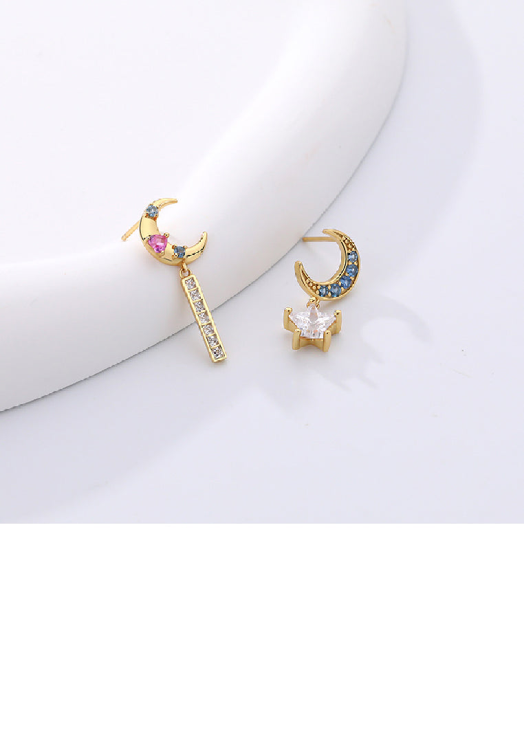 925 Sterling Silver Plated Gold Fashion Simple Moon Star Asymmetric Earrings with Cubic Zirconia - Luxurious Look