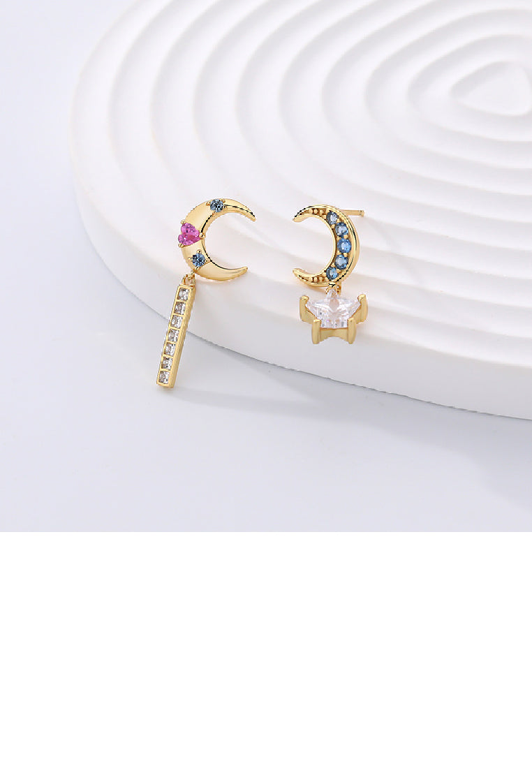 925 Sterling Silver Plated Gold Fashion Simple Moon Star Asymmetric Earrings with Cubic Zirconia - Luxurious Look
