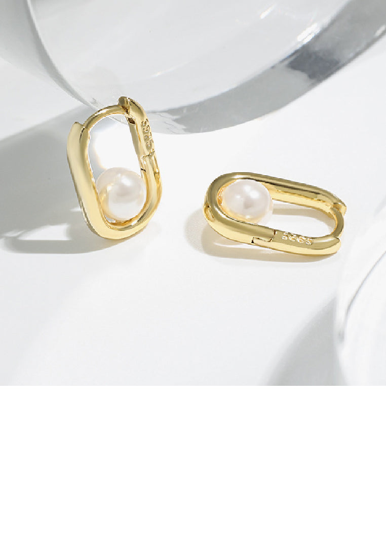 925 Sterling Silver Plated Gold Fashion Elegant U-Shape Geometric Stud Earrings with Imitation Pearls