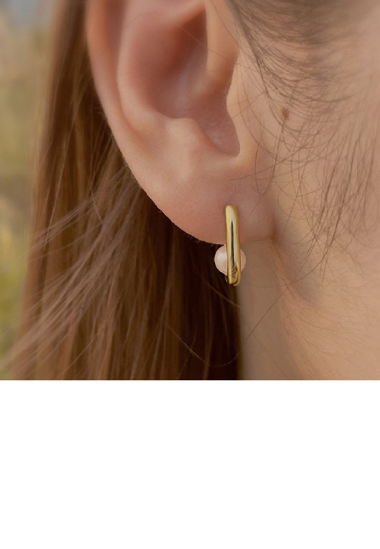 925 Sterling Silver Plated Gold Fashion Elegant U-Shape Geometric Stud Earrings with Imitation Pearls