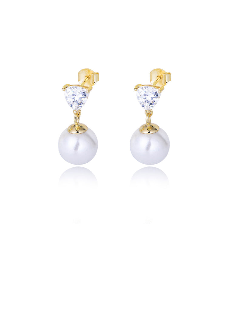 925 Sterling Silver Plated Gold Fashion Elegant Geometric Imitation Pearl Earrings with Cubic Zirconia - Luxurious Look