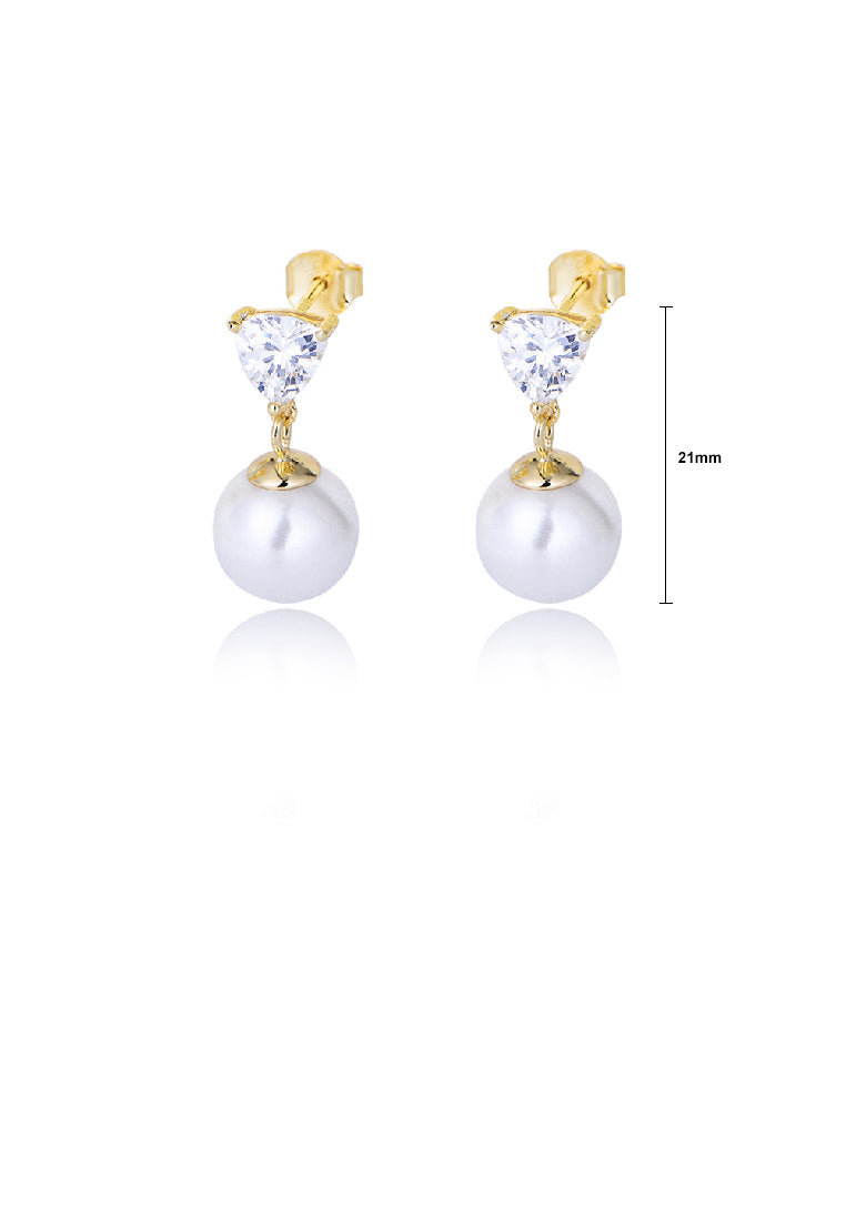 925 Sterling Silver Plated Gold Fashion Elegant Geometric Imitation Pearl Earrings with Cubic Zirconia - Luxurious Look