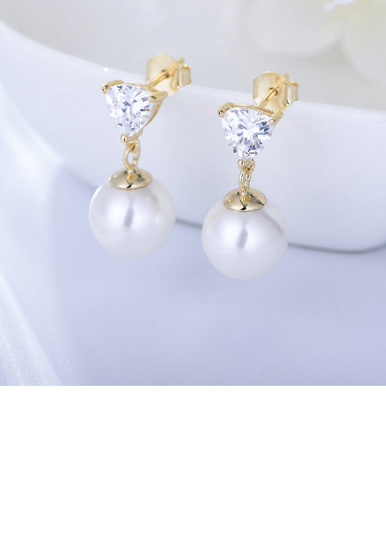 925 Sterling Silver Plated Gold Fashion Elegant Geometric Imitation Pearl Earrings with Cubic Zirconia - Luxurious Look