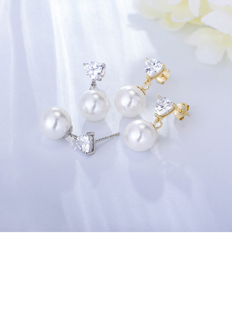925 Sterling Silver Plated Gold Fashion Elegant Geometric Imitation Pearl Earrings with Cubic Zirconia - Luxurious Look