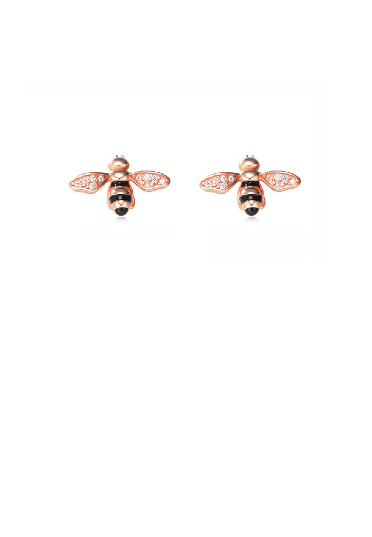 925 Sterling Silver Plated Rose Gold Simple Cute Bee Stud Earrings with Cubic Zirconia - Luxurious Look