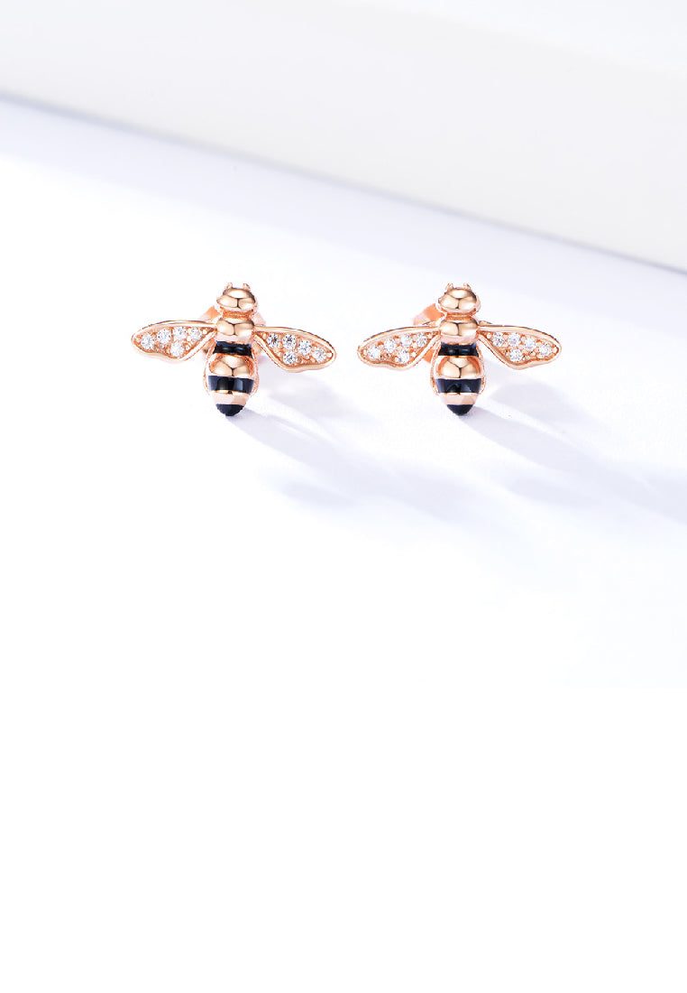 925 Sterling Silver Plated Rose Gold Simple Cute Bee Stud Earrings with Cubic Zirconia - Luxurious Look