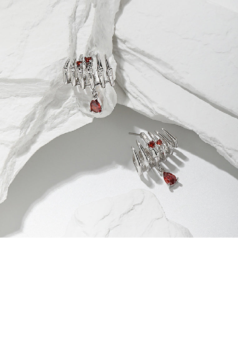 925 Sterling Silver Fashion Personality Bone Shape Earrings with Red Cubic Zirconia - Luxurious Look - Vibrant Color