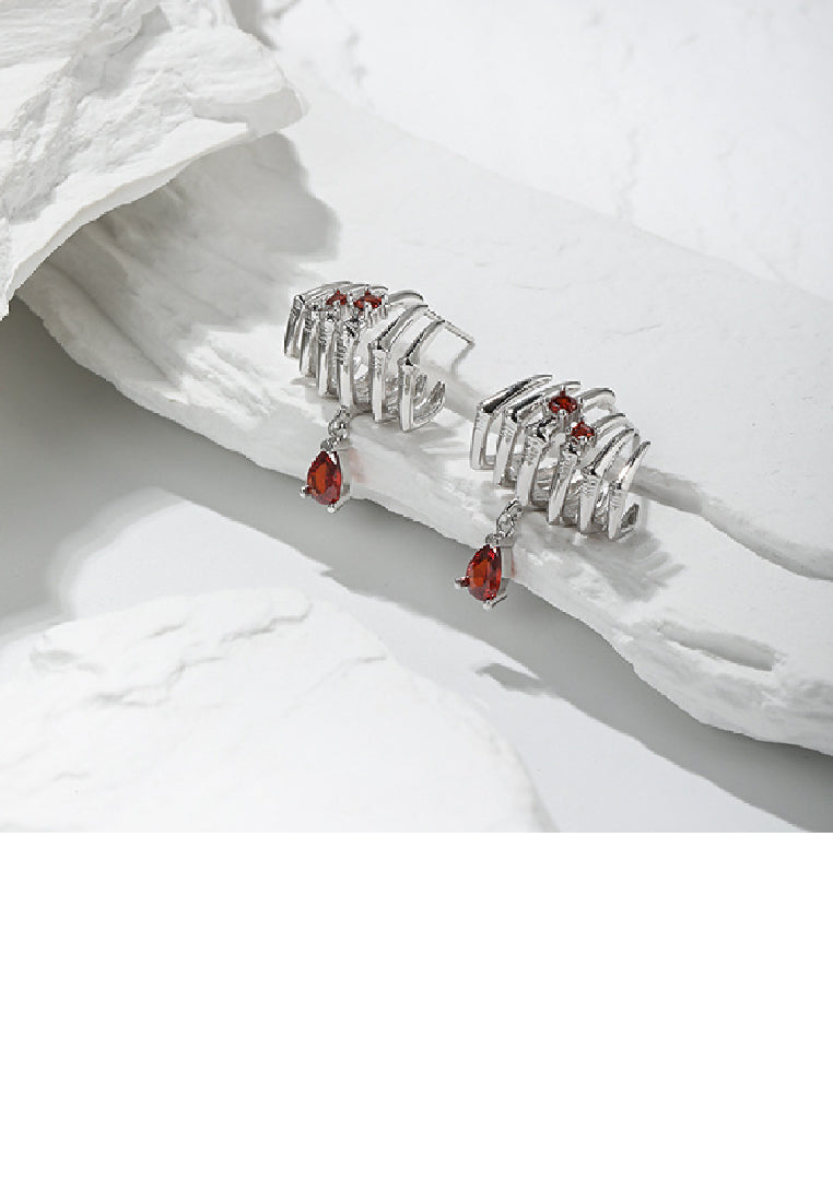 925 Sterling Silver Fashion Personality Bone Shape Earrings with Red Cubic Zirconia - Luxurious Look - Vibrant Color