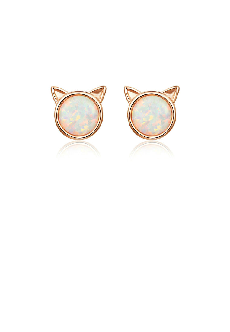 925 Sterling Silver Plated Rose Gold Simple Cute Cat Opal Stud Earrings