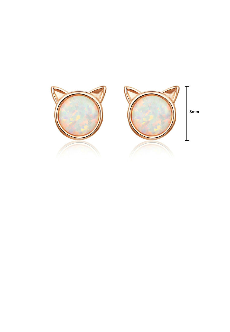 925 Sterling Silver Plated Rose Gold Simple Cute Cat Opal Stud Earrings