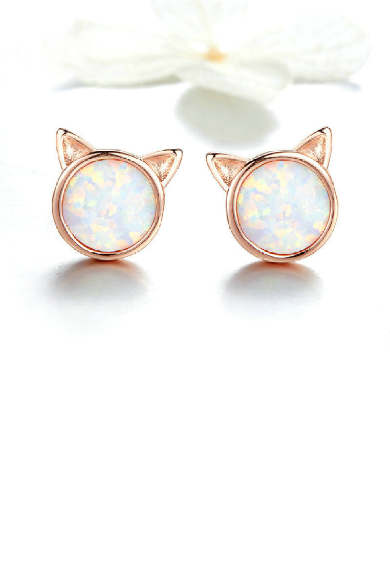 925 Sterling Silver Plated Rose Gold Simple Cute Cat Opal Stud Earrings
