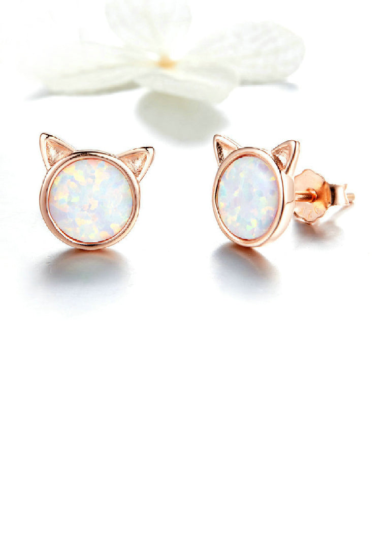 925 Sterling Silver Plated Rose Gold Simple Cute Cat Opal Stud Earrings