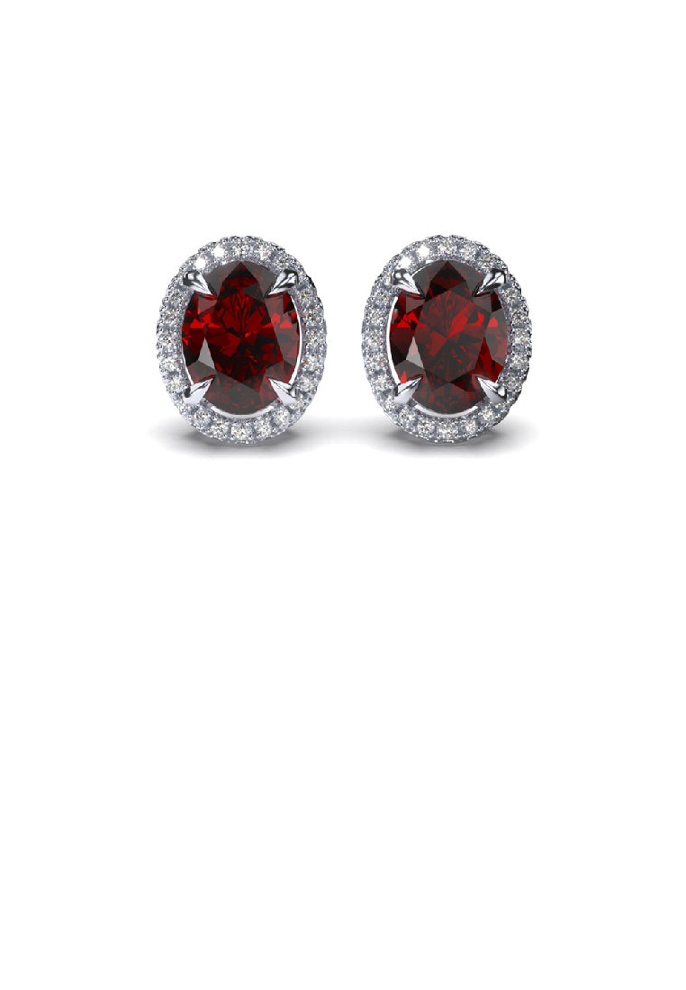 925 Sterling Silver Simple Brilliant Geometric Oval Stud Earrings with Red Cubic Zirconia - Luxurious Look - Vibrant Color